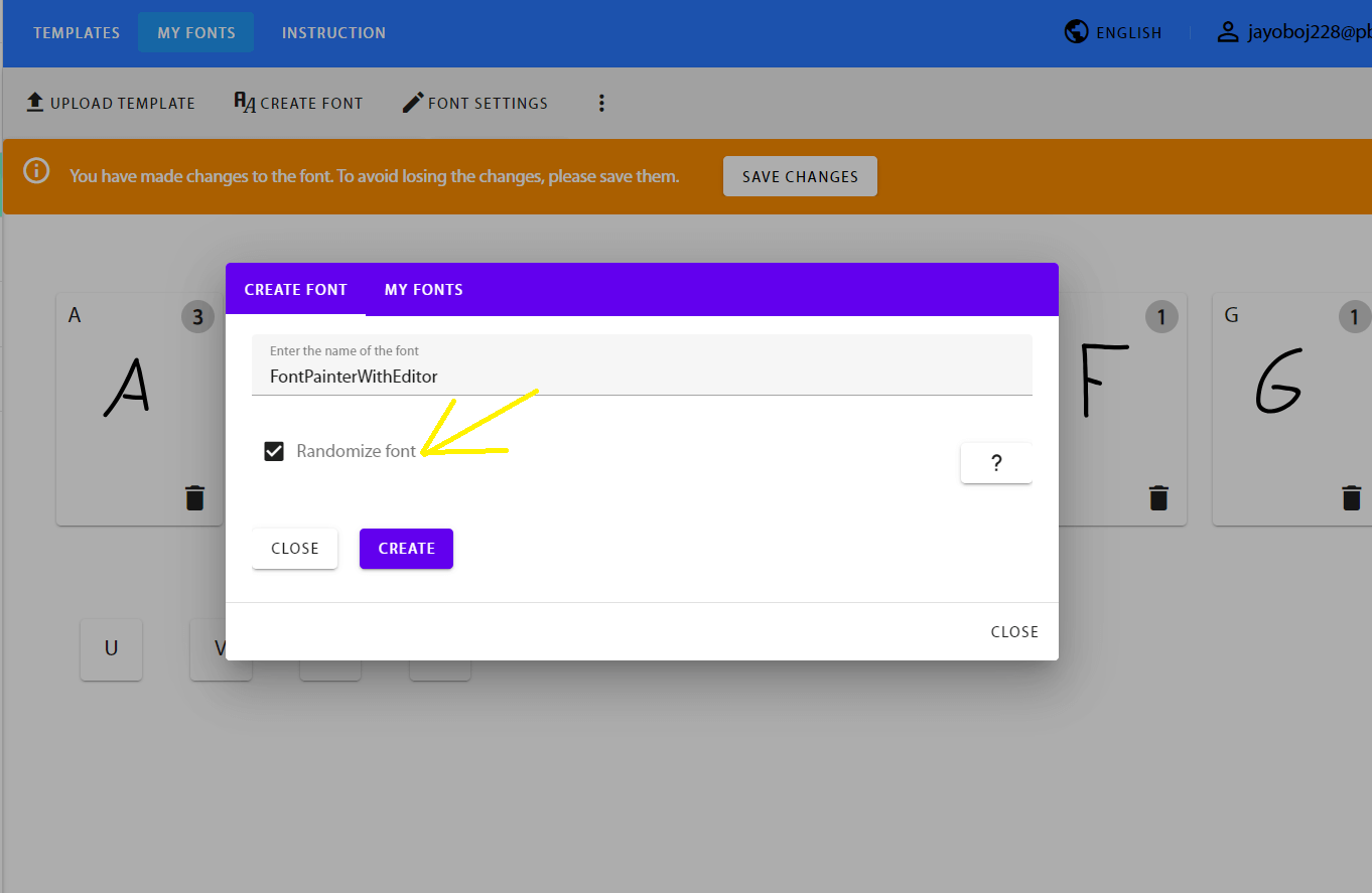 Depois, clique em "Crear Font" e verifique a opção "Add Letter Randomization"
